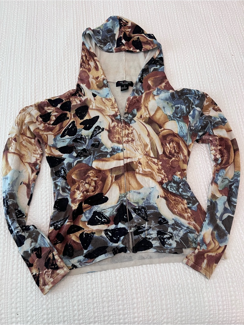 Floral Print Zip-Up Hoodie Jacket in Brown & Blue mark richards